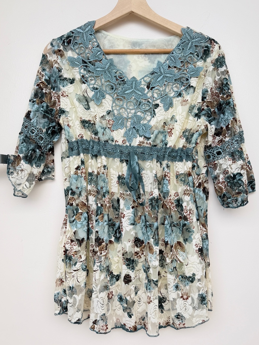 Whimsigoth Fairycore Floral Lace Babydoll Top Romantic Boho Size L